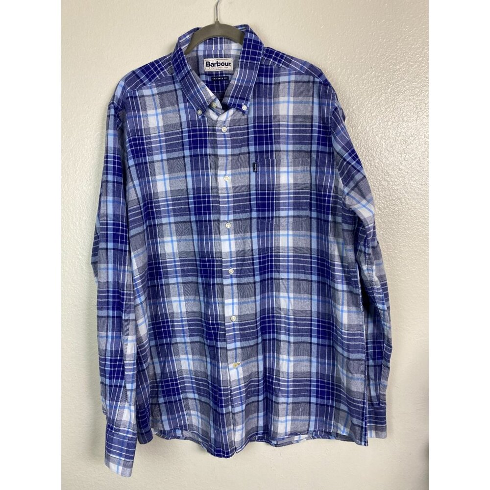 Barbour Oxford Check 3 Tailored Button Down Shirt Men XL Blue Long Sleeve Cotton